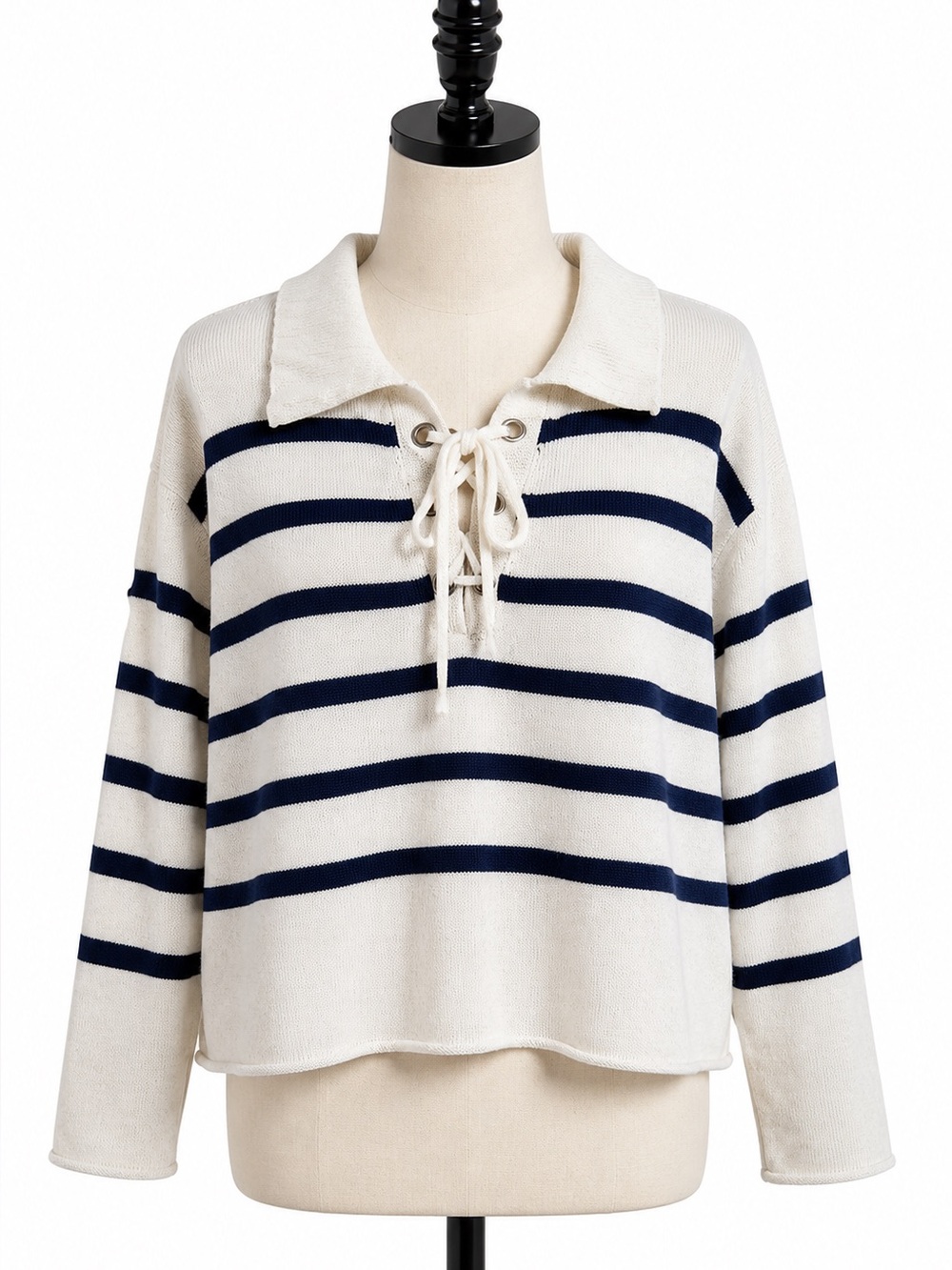 ANA A New Approach Women's Striped Lace Up Navy Collared Pullover Sweater Size M